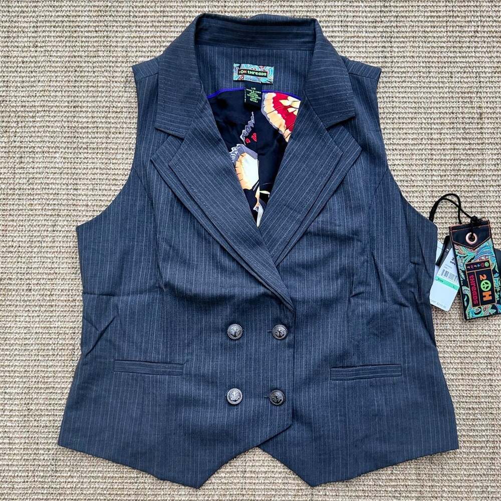 🦋 2OH Threads Pinstripe Butterfly Lined Vest | Size L | Gray